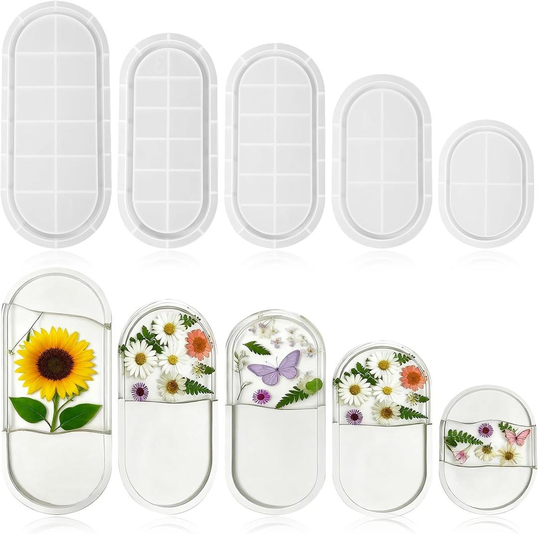 COMNICO Resin Tray Molds, 5 Pcs Silicone Jewelry Holder 4 Sizes Oval Bowl Epoxy Resins Container Molds for Home Decor Crafts DIY Resin Casting Tray