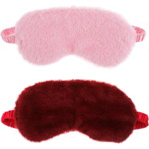 2 Pcs Plush Eye Mask Soft Sleeping Blindfold Eye Cover Comfortable Furry Faux Fur Sleeping Mask Satin Nap Night Eyeshade Cover for Women Men Gift (Pink, Red)
