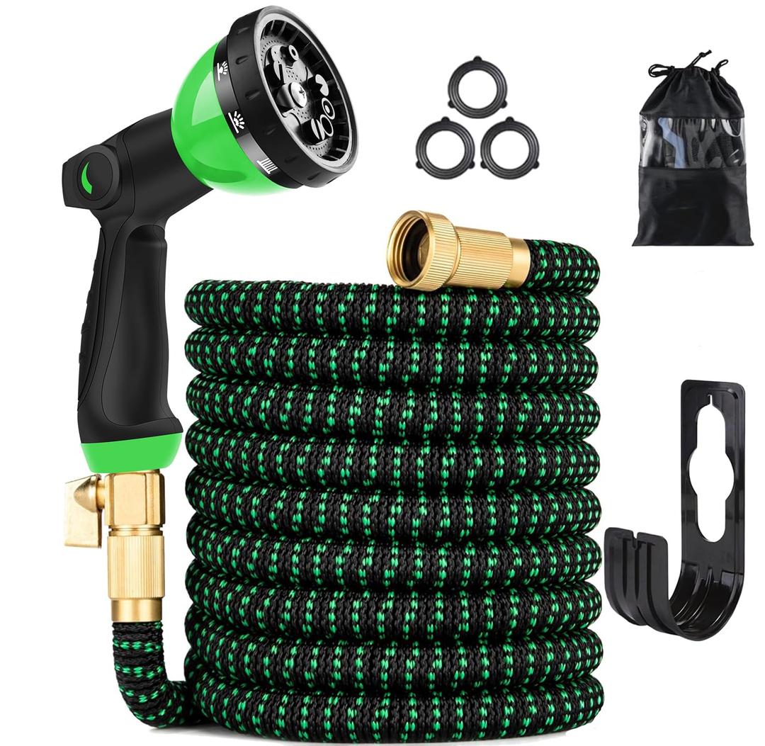 75 ft Expandable Garden Hose - Kink Free Flexible Water Hose with Thumb-Controlled 10-Function Nozzle, 3/4 Solid Connectors, Durable 3750D Fabric, 4-Layer Latex Core