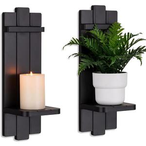 Candle Sconces Black Wall Decor Set of 2 - Wood Wall Candle Holders Set of Two for Small Plants Pillar Candles Tealight - Gothic Distressed Decor for Living Room (15.7in x 5.1in)