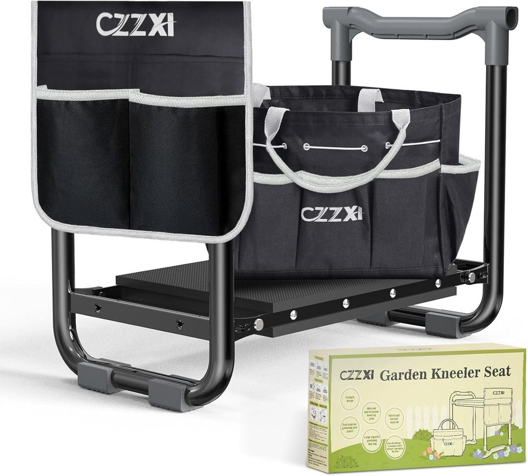 Garden Kneeler and Seat, Wider and Thicker Kneeling Pad Heavy Duty Gardening Stool with Gardening Tool Pouch and Bag, Garden Bench/Chair Gifts for Women, Seniors (Black & Gray)