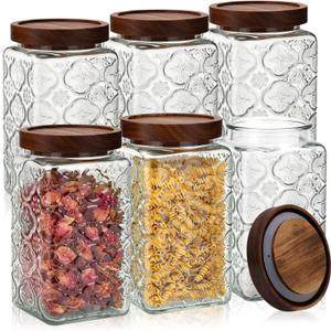 Domensi 6 Pack Vintage Glass Jars with Lids 34 oz with Begonia Pattern Acacia Wood Mason Jar Lids Airtight Pantry Containers for Kitchen Countertop Tea Coffee Spices and Snacks