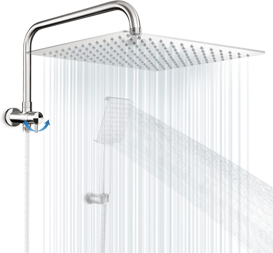 HOMVIVA All Solid Metal 3-Way Shower Arm Diverter Valve with 16 Inch Shower Head Extension Arm And High Rise Extender for Handheld and Fixed Shower Head, G1/2 Universal with Flange, Brushed Nickel
