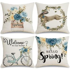 Easter Pillow Covers 18x18 Set of 4 Bunny Eucalyptus Leaves Decorations Truck Sweet Home Spring Farmhouse Pillow Covers,Polyester Cushion Case Gifts for Home Decor-Hello Spring