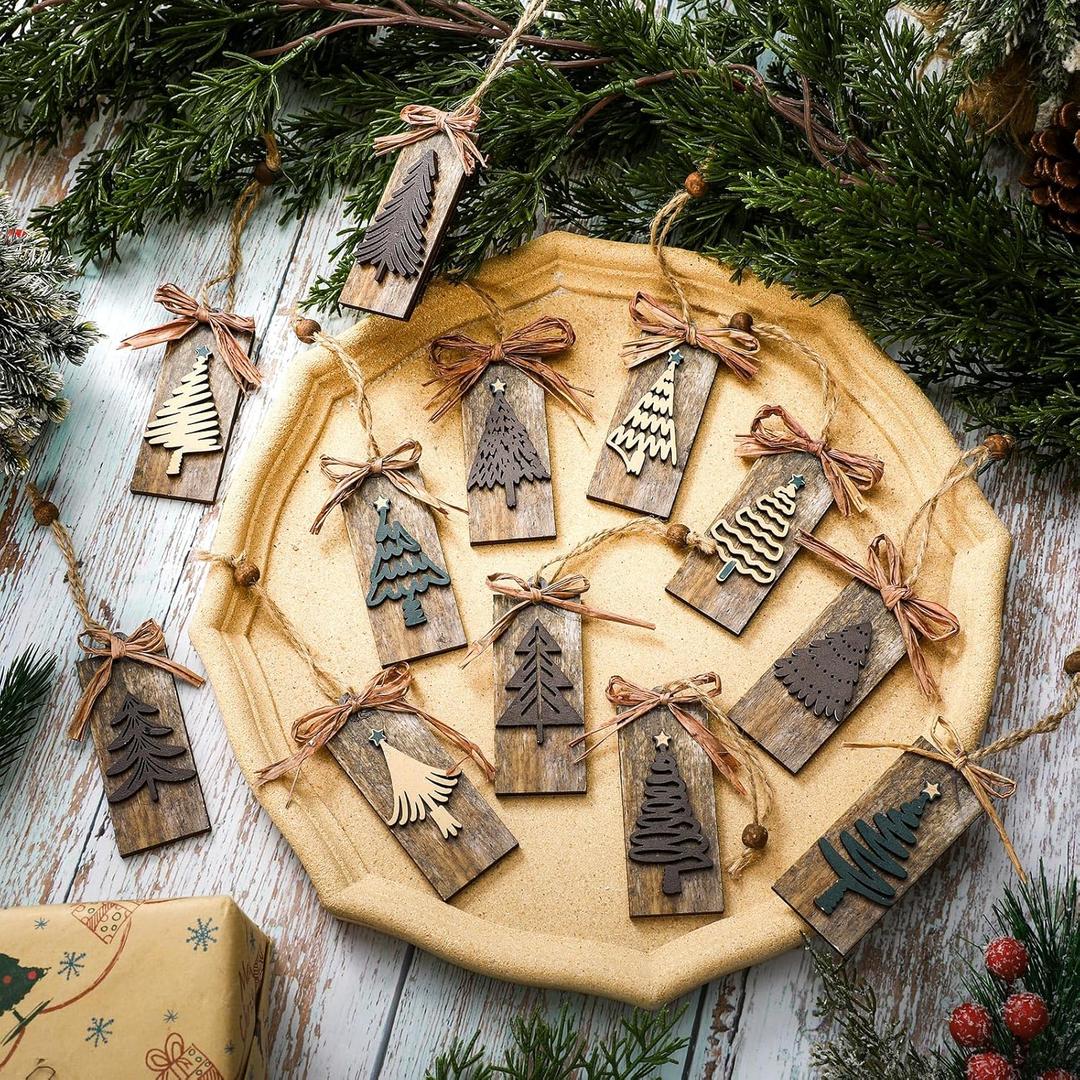 Civaner 24 Pcs Rustic Christmas Tree Ornaments Farmhouse Ornaments for Tree Natural Wooden Label Hanging Decorations for Home Office Fireplace Wreath Garland Winter Holiday Xmas Party Decor(Brown)