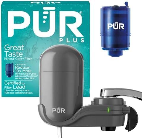 PUR Plus Vertical Faucet-Mount Water Filtration System, Lead-Reducing Filter, Easy Installation, 100-Gallon Capacity, Compatible with External Aerators, Grey, PUR PLUS Filter with Mineral Core