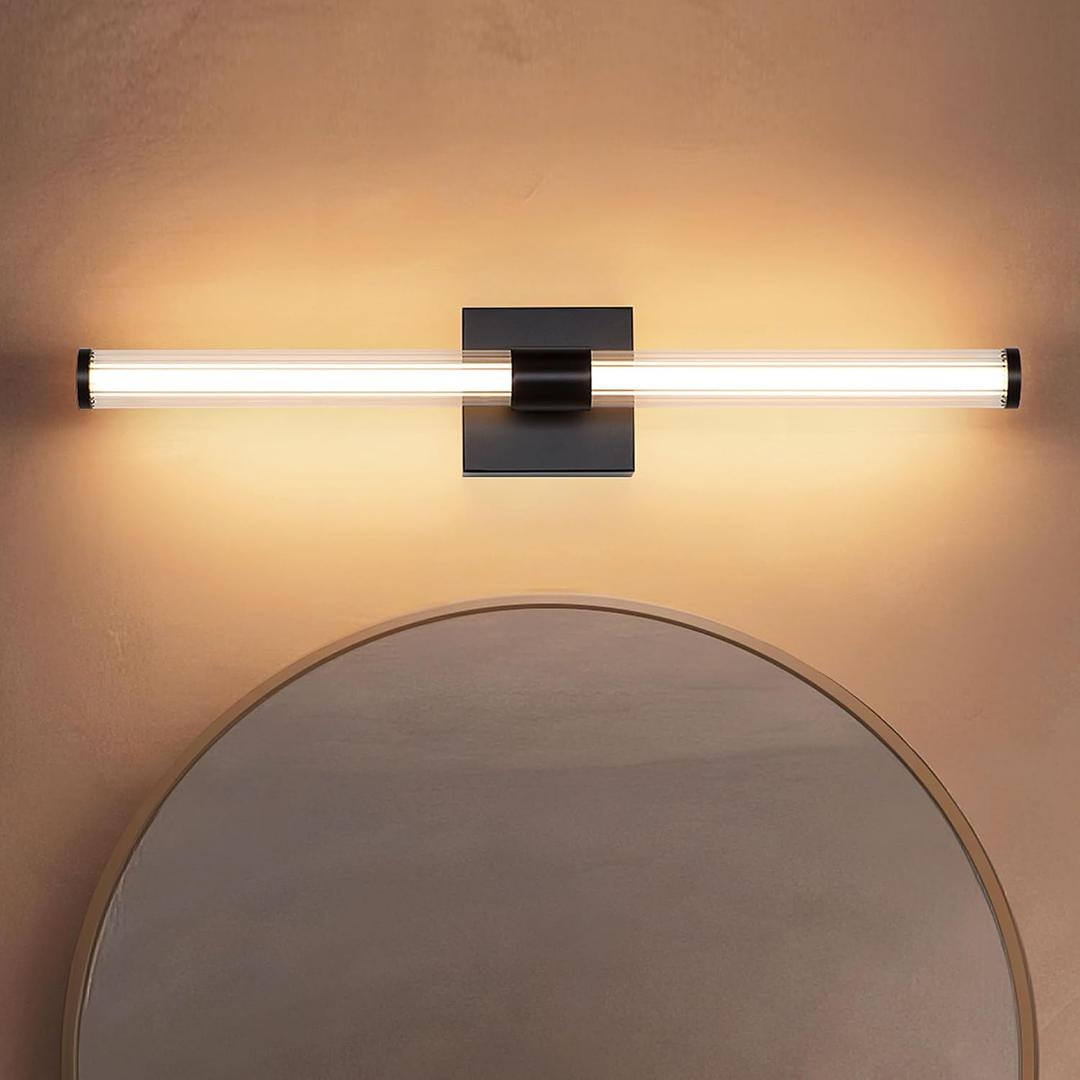 Tubicen Modern Vanity Light Black Linear Bathroom Light Fixture 25in Slim Horizontal Vertical LED Wall Light 360 Full Lighting Bath Bar 12W LED Dimmable Bathroom Lighting Over Mirror 3000K