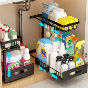 ADBIU Under Sink Organizer(10 Seconds Installation), 2 Packs 2 Tier Expandable Height (11" - 16") Under-Sink Organizers Slide out Pull out Bathroom Kitchen Organizers And Storage (Black)