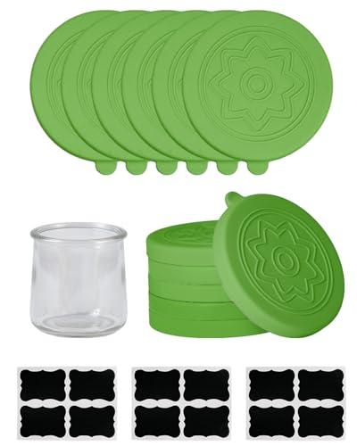 TERESRY 12 Pack Silicone Oui Yogurt Jar Lids with 8 Labels, Food-Grade Lids for 5Oz Oui Yogurt Jars, Reusable Silicone Canning Covers Perfect for Oui Yogurt Bottle, Green(Jar not Includ)