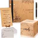 Yexiya 64 Pcs Celebration of Life Guest Book Set, Cherry Wood Funeral Guestbook with Floral Laser Engraving, 60 Share a Memory Cards, Card Box, Sign & Pen for Memorial Service Farewell Party