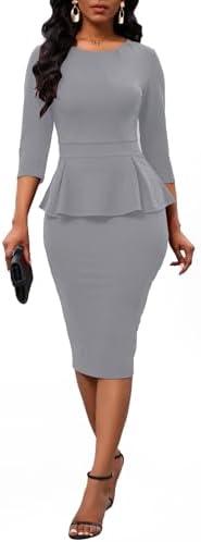 BestGirl Women's Peplum Dresses Bodycon 3/4 Sleeve Wear to Work Office Sheath Dress, Size S Gray