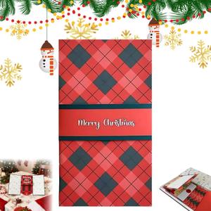 Handmade Christmas Gift Card Booklet, Waterfall Christmas Card Booklet with 4 Slots, Red Plaid Design with Merry Text, Money Envelope Set