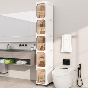 5 Tier Slim Bathroom Storage Cabinet, Foldable and Movable, Beige