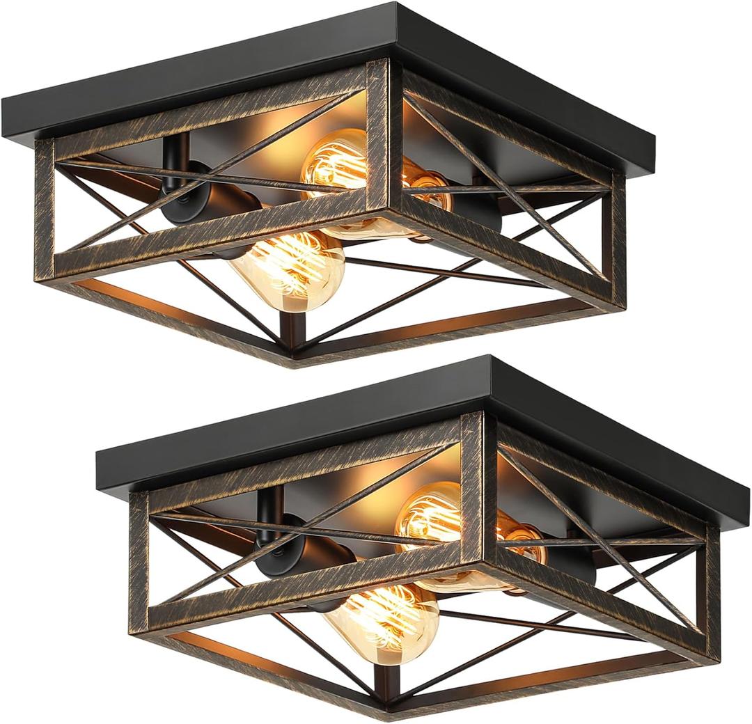 Oil Rubbed Bronze Hallway Light Fixtures Ceiling, 2-Light Farmhouse Industrial Flush Mount Ceiling Lights, 2-Pack Metal Kitchen Light Fixtures, Close to Ceiling Lights for Bedroom Living Room Entryway