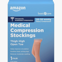 Amazon Basic Care Medical Compression Stockings, 20-30 mmHg Support, Women & Men Thigh Length Hose, Open Toe, Beige, Size M