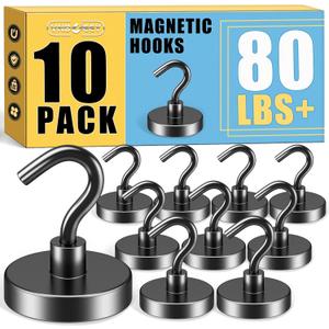 VNDUEEY Cruise Must Haves, 80 Lbs Strong Magnetic Hooks, Heavy Duty Earth Magnets with Hook for Refrigerator, Magnet Metal Hooks for Classroom, Office, and Kitchen BBQ (Black, Pack of 10)