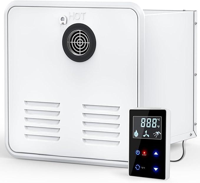 RV Tankless Water Heater, with 15 x 15 inches White Door and Remote Controller, DC 12V, Best High Altitude Performance, Ideal for RVers' Daily use