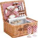 Wicker Picnic Basket for 2 Person, Willow Hamper Basket Sets with Insulated Compartment, Handmade 2 Person Picnic Basket Classical Red Check with Utensils Cutlery Perfect for Picnic, Camping