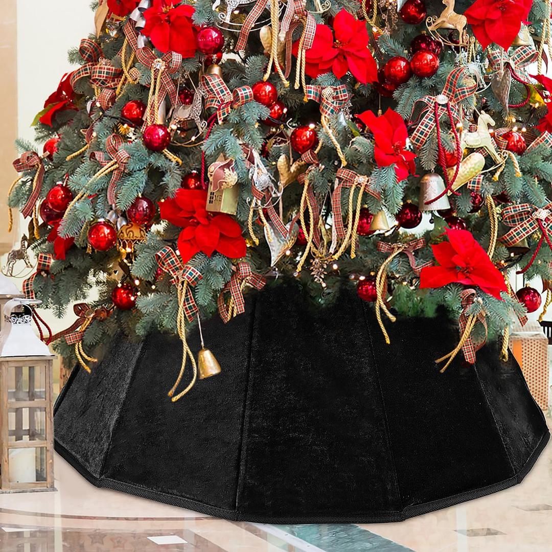 Black Velvet Christmas Tree Collar - Folable Tree Ring & Skirt for Artificial Trees - Base Stand Cover Decoration