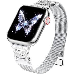 BRG Thin Mesh Loop Compatible with Apple Watch Bands for Women 40mm 41mm 38mm 42mm Series 10 SE 9 8 7 6 5 4 3 2 1, Stainless Steel Magnetic Metal Strap with Double C-Shape Bling Clasp for iWatch (Silver)