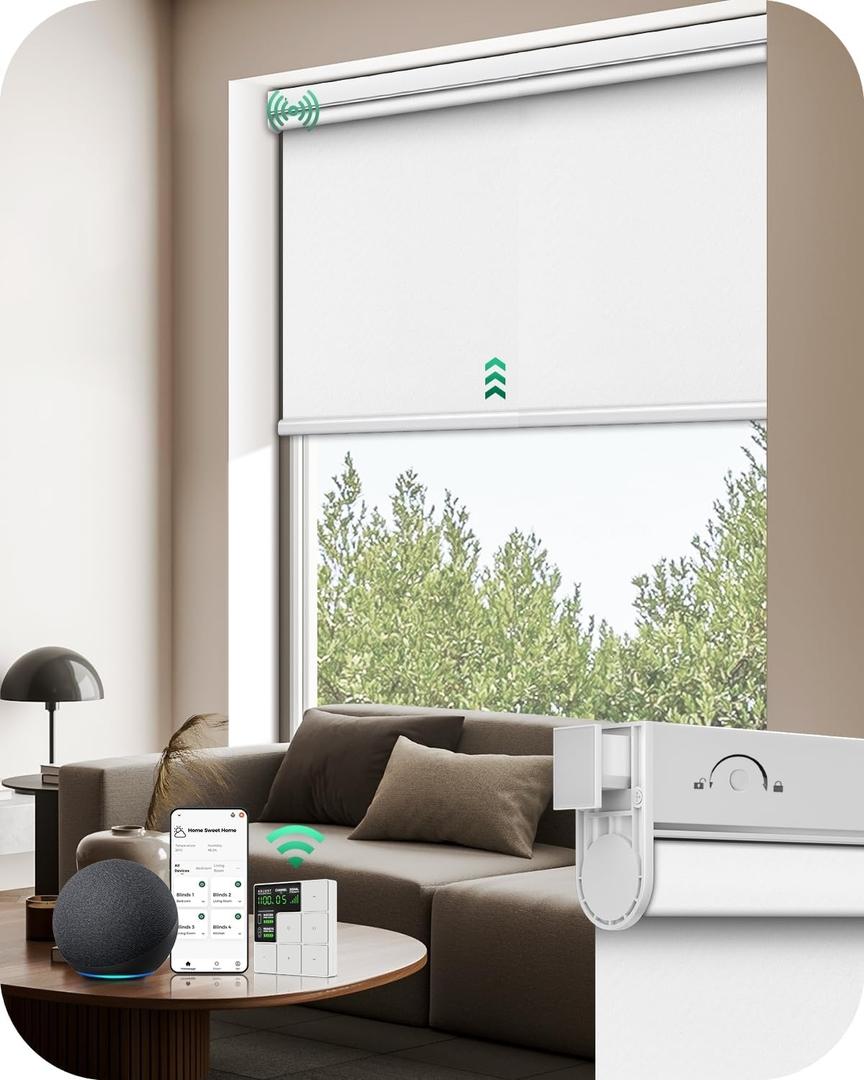 Allesin No Drill Motorized Roller Blinds - Rechargeable, Remote Controlled, Cordless Electric Shades for Indoor Windows with Quiet Motor & Alexa-Compatible (Custom Size, 100% Blackout White)