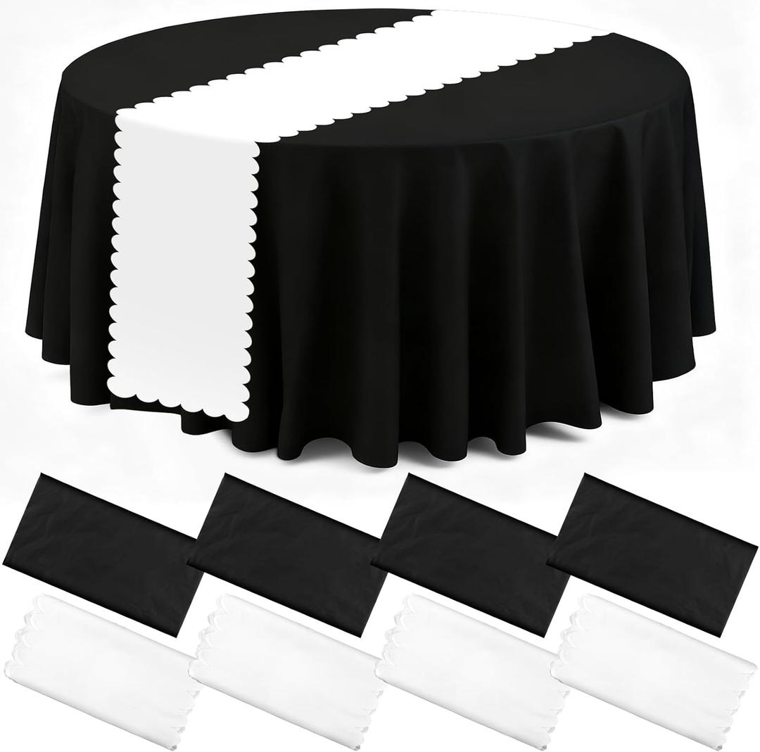 Peryiter 8 Pcs 12x108 Inch Scallop Table Runner and 84 Inch Round Plastic Tablecloths Disposable Black and White Table Cover for Rock Punk Baby Shower Wedding Bridal Shower Party Anniversary Birthday