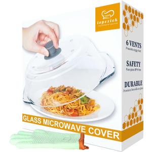 lopeztek Glass Microwave Splatter Cover, Glass Microwave Oven Covers for Food, Splatter Guard for Dish Plate, BPA Free & Dishwasher Safe Lid with Silicone Handle