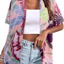 Women Hawaii Shirts: Soft Cool Floral Tropic Print V Neck Summer Tops Short Sleeve Button Up Tops T-Shirt (XL)