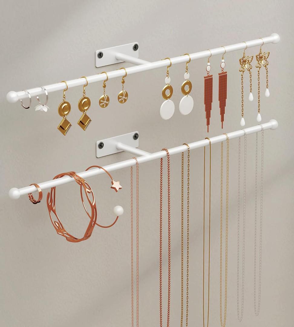 Wall Hanging Jewelry Organizer: 12.6'' Necklace Holder for Earring, Bracelet, Rings, Hairband, Glasses, White 2-Pack, Screws Included