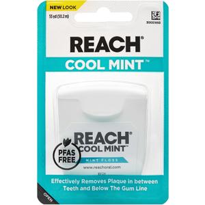 REACH Cool Mint Dental Floss, Fresh Mint, Plaque Remover for Teeth, Shred Resistant, Waxed, Easy on Gums & Teeth, Fresh Breath, Oral Care, PFAS Free, for Adults & Kids, 1 Pack, 55yd