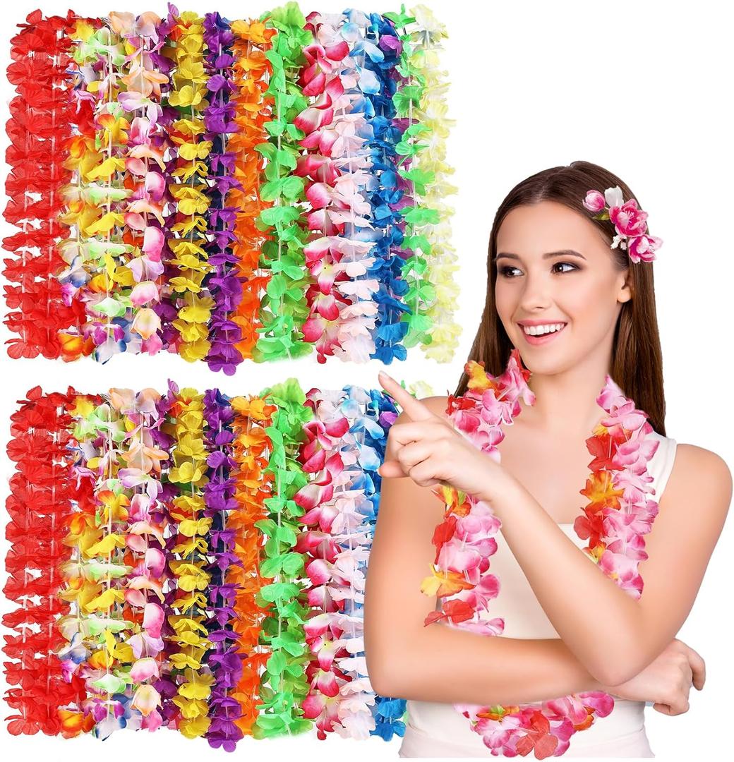 10pcs Hawaiian Leis Bulk,Colorful Lei Tropical Flower Necklace Hawaii Hula Dance Decor for Summer Beach Pool Luau Party Birthday Decoration Favors Supplies