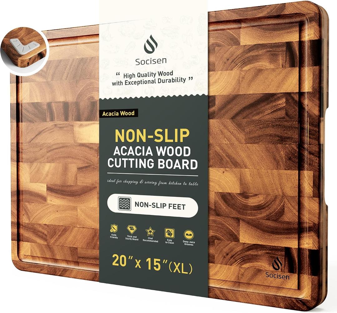 Large End Grain Cutting Board for Kitchen with Non-slip Feet, Acacia Wood, 20"L x 15"W