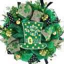 TEMPUS 16 Inch St. Patricks Wreath Decor Artificial Spring Shamrock Door Hanging with Mesh Tube, Yarn Ribbon & Berries, Indoor/Outdoor Holiday Wall Decor for Home, Farmhouse, Gifts