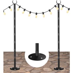 10Ft String Light Poles for Hard Surfaces, Outdoor Light Stand for Backyard, Garden & Patio Party Lighting, Heavy-Duty Metal Poles with Waterproof Finish, Rustproof & Adjustable, 2 Pack