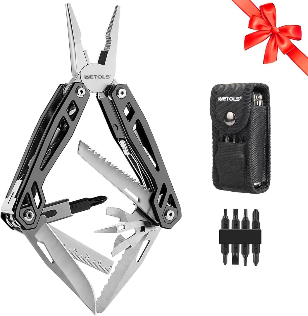 Fathers Day Gifts for Men Dad Him, WETOLS 21-in-1 Multitools with Pocket Knife, Stainless Steel Self-locking Pliers with 8 Screwdriver Bits, Multi Tool Survival Gear, EDC Knife with Pouch for Outdoor (titanium Grey)