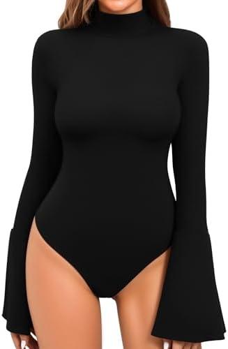 MANGOPOP Bell Sleeve Mock Neck Long Sleeve Bodysuit for Going Out Tops for Women, (Medium, Black)