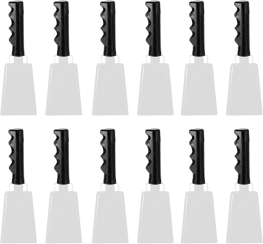PATIKIL 9inch Cow Bells for Football Games, 12pcs Cowbells for Sporting Events Bulk Loud Noise Makers Metal Cow Bell with Handle for Cheering Competition Marathon Wedding DIY Paint, White