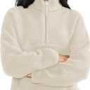 Womens Fleece Sweatshirts Cropped Half Zip Fuzzy Warm Sherpa Pullover Varsity Jackets with Zipper Pockets (Small, Beige)