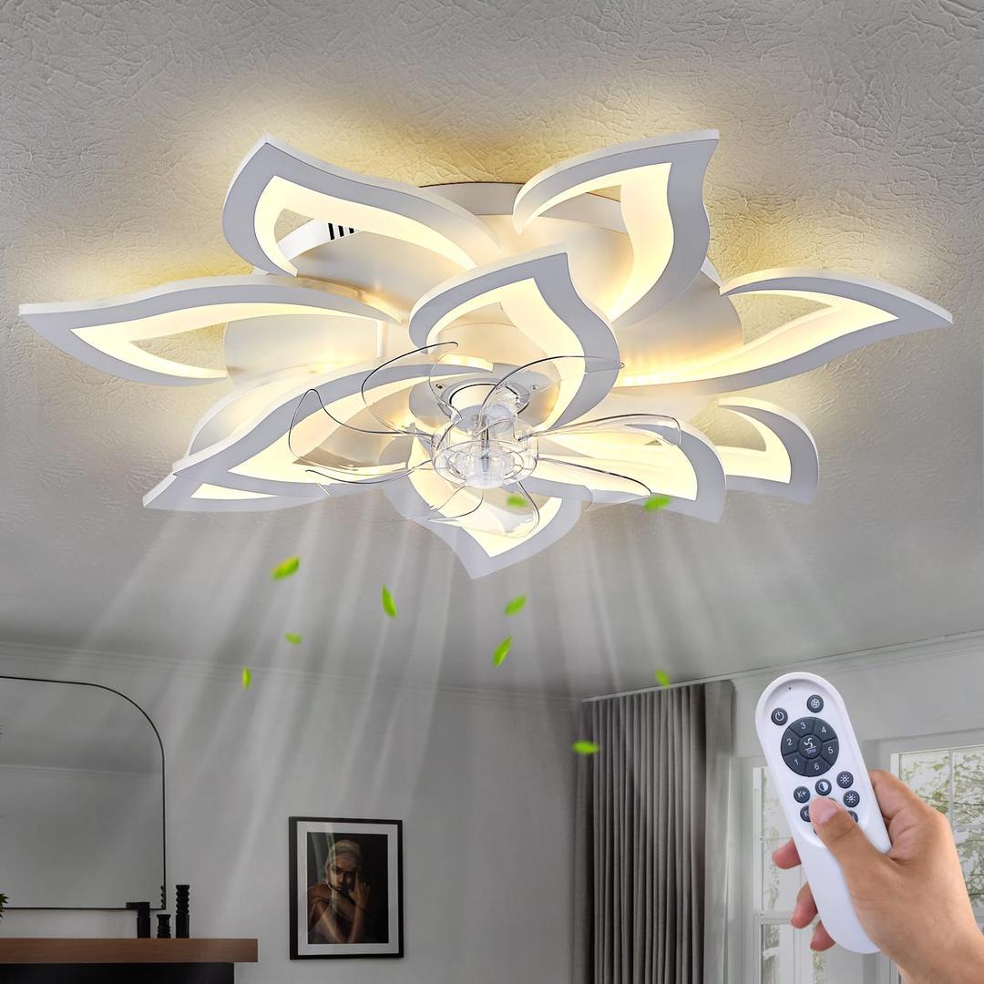 Dalouguan 32" White Ceiling Fan with Light Remote Control, Modern Geometric Ceiling Fan with Lights, 6 Speeds 3 Light Color Low Profile Ceiling Fan for Kitchen Bedroom, Samll