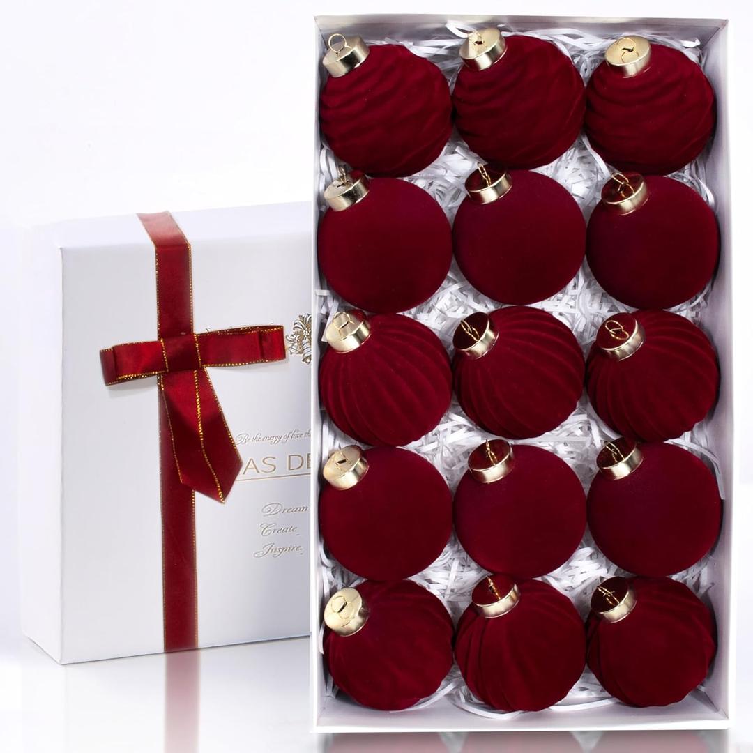 15PCS Red Velvet Flocked Christmas Ornaments, 3.15" Shatterproof Matte Balls for Xmas Tree Decor, Elegant Luxury Holiday Ornaments (Burgundy Red)
