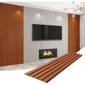 VESLARA 8-Pack WPC Wall Panels 118 x 6.3 3D Slat Wall Panel Acoustic Wall Paneling for Interior Wall Decor TV Background Kitchen Bedroom Teak