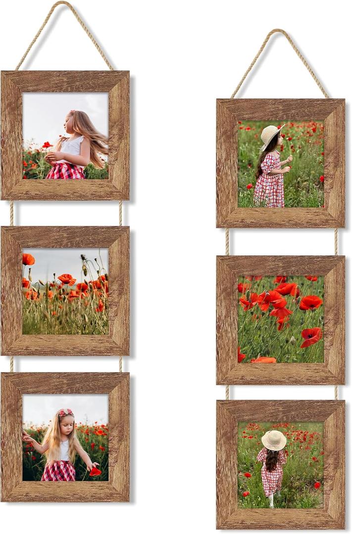 4x4 Collage Picture Frames Set of 2, Rustic Wooden Real Glass Vertical Hanging 3 Opening 4 by 4 Photo Frame, Rustic Brown