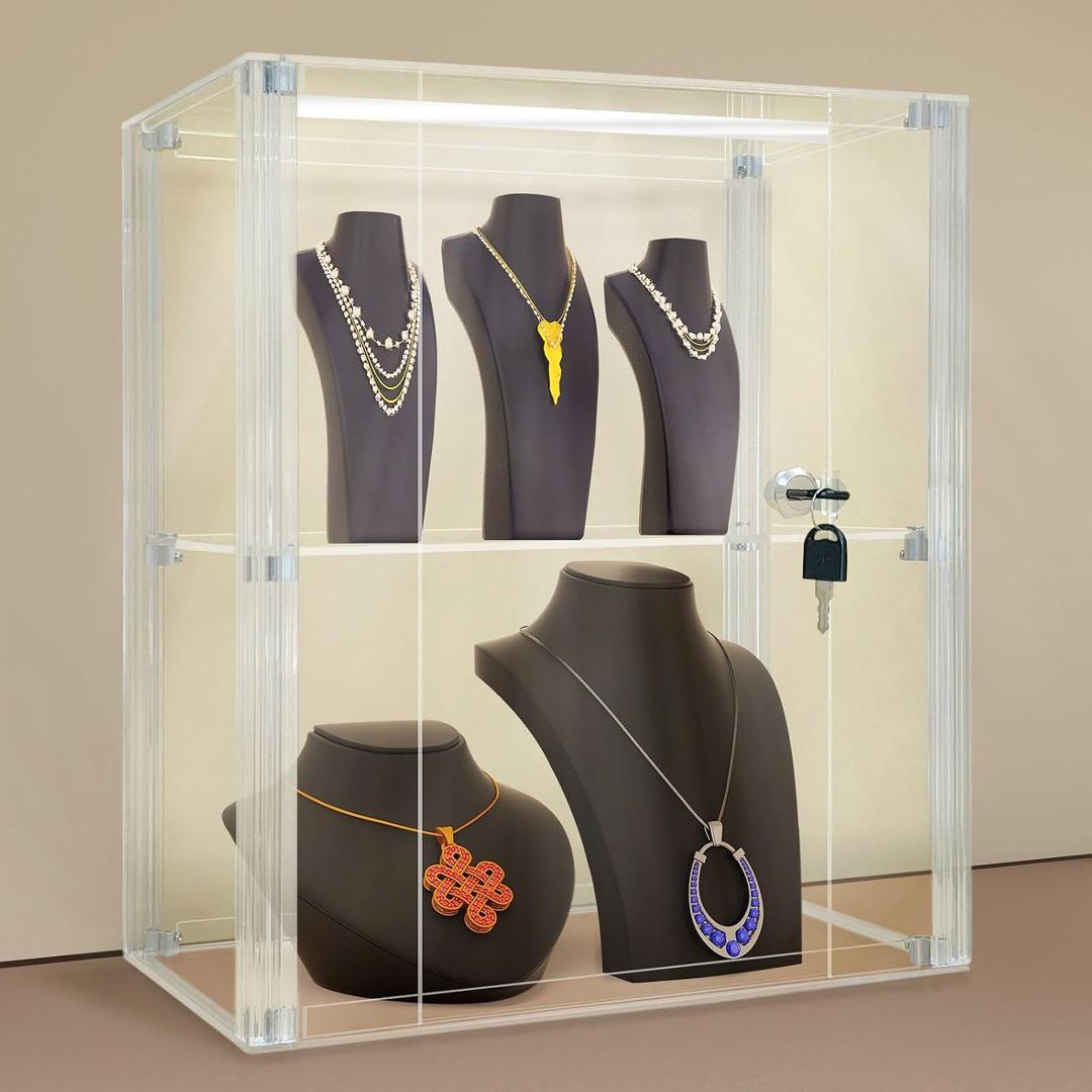 NONEMEY Acrylic Display case with Lock,2 Tier Lockable Security Display Case, Dustproof Protection Countertop Organizer Box for Collectibles (2Tier 14816inch352041cm)