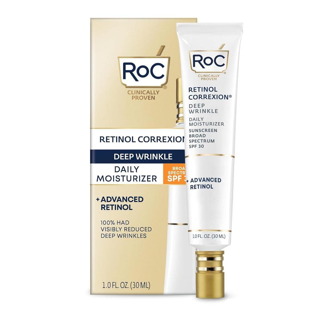 RoC Retinol Correxion Deep Wrinkle Daily Face Moisturizer with Sunscreen SPF 30, Skin Care Treatment for Fine Lines, Dark Spots, Post-Acne Scars, 1 Ounce (Packaging May Vary), Best By 07, 2027