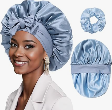 Mulberry Silk Bonnet Sleeping Women Curly Hair Bonnets Tie Band Double Layer Reversible Sleep Bonnet Silk Hair Wrap Sleep Cap (3 Set - Green + Black)