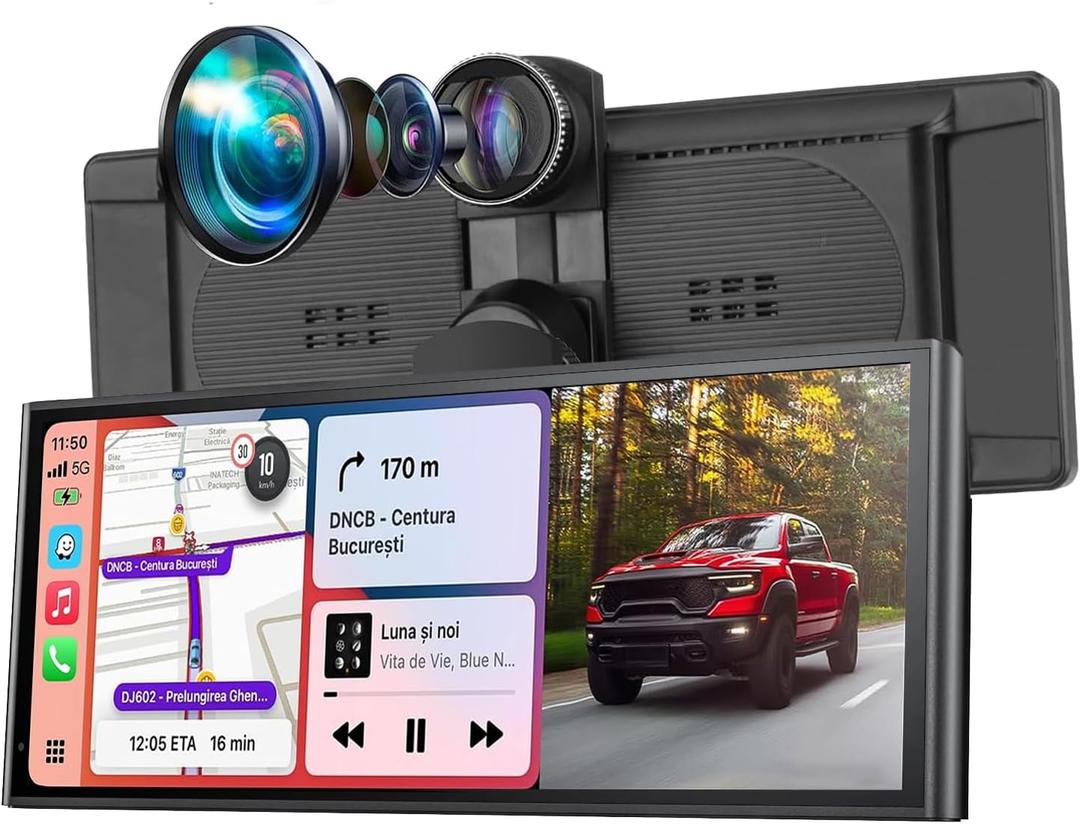 Portable Carplay Screen For Car, 10.26" Wireless Apple Carplay & Android Auto Touch Screen with 4K Dash Cam,1080P Backup Camera,Car Stereo Audio Receivers,GPS Navigation Mirror Link,Voice Control,Siri