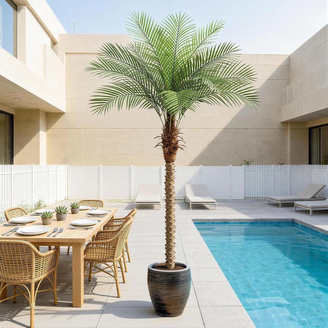 7ft Artificial Phoenix Palm Tree Tall Artificial Palm Trees with 15 Adjustable Leaves,Faux Phoenix Palm Plants for Outside Patio Pool Home Office Living Room Yard (1Pcs, 7ft)