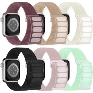 6 Pack Sport Nylon Loop Band Compatible with Apple Watch Band, Size: 42mm(Series 3)/44mm/45mm/46mm/49mmfor Women Men, Adjustable Breathable Braided Straps for iWatch Series 11/10/9/8/7/6/5/4/3/SE/Ultra (Black/Smoke Violet/Rose Pink/Milk Tea/Mint Green/Starlight)