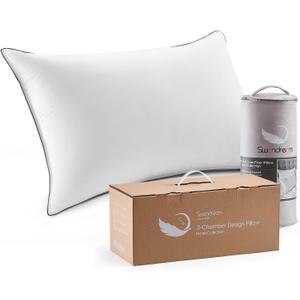 Goose Feather and Down Bed Pillow Standard Size Single Pack, Luxury 3-Chamber Pillows with Soft & Down-Proof Cover, Fluffy Plush Hotel Pillow for Side, Back & Stomach Sleepers