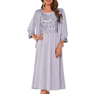 GRACE KARIN Wedding Guest Dress Mother of The Bride Dresses Two Piece Formal Sequin Dress with Jacket Tea Length 2025 (X-Large, Light Gray Purple)